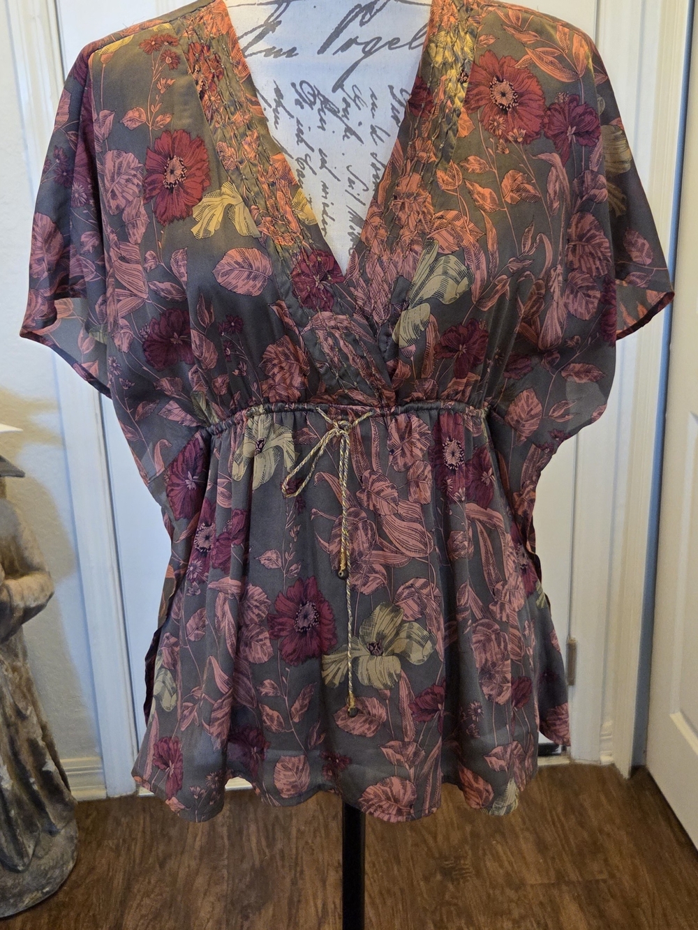 DKNY Floral V-Neck Women’s Blouse - Pink & Olive